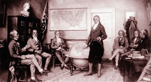  The Birth of the Monroe Doctrine Painting by Clyde O DeLand showing John Quincy Adams far left and US President James Monroe standing