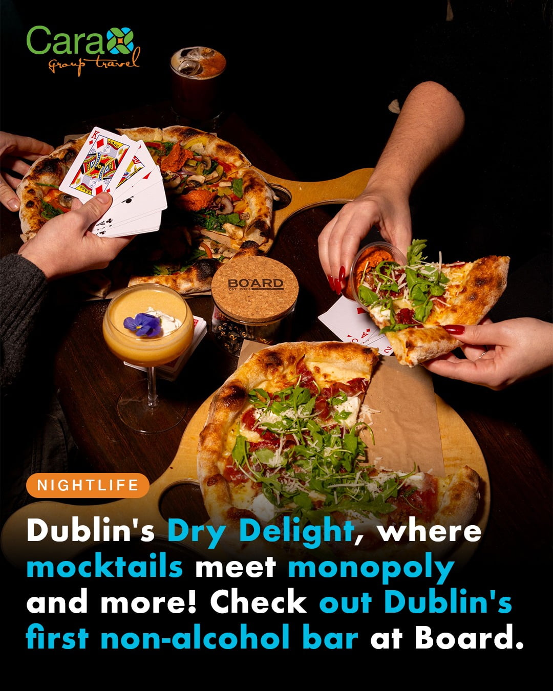 Fancy a great night out with some board game fun and without the morning after feeling? Head to Dublin’s first no-alcohol bar.Board is a new pub in Dublin’s city centre that offers an extensive range of non-alcoholic drinks together with over 200 board games that patrons can play for free.The recently opened dry pub has become an instant hit with locals and visitors alike and is filled nightly with people in high spirits, though not of the 40% proof kind.The idea behind Board is to create a space that has the look and feel of a modern Irish pub but without the alcohol. It stocks premium 0% beers, a wide range of alcohol-free craft beers and, of course, has the famous ‘black stuff’ Guinness 0.0 on draught.Board also offers an impressive mocktail list mimicking favourite classics such as Espresso Martinis Aperol Spritzs and Bloody Marys and over 30 non-alcoholic spirits. A menu of Mood Boosters made with a natural mix of botanicals, herbs, spices or mushrooms are designed to sooth or stimulate as required, and the non-alcoholic wines available include Irish-owned Hollow Leg, produced in Spain.To complement the drinks menu there is a food menu available all day offering tasty meals and sweet treats, with vegan options. From 4pm Board offers homemade pizzas.Dublin is a city with a thriving pub scene and is renowned for the ‘craic’ to be found in its cosy bars and cosmopolitan clubs. Board adds another dimension to this with a space to meet, eat and play without involving alcohol.